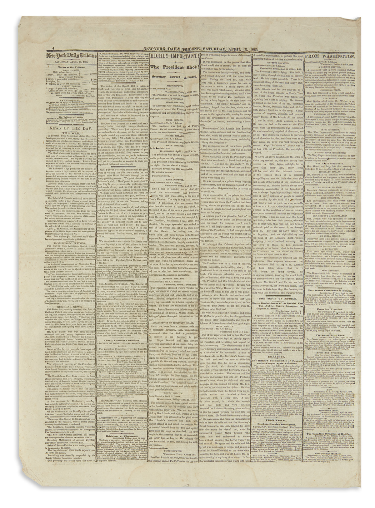 (LINCOLN, ABRAHAM.) Assassination issue of the New-York Tribune.